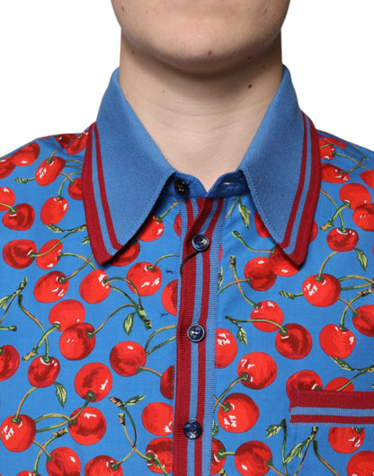 Dolce &amp; Gabbana Blå Körsbärsbomullskrage Herrpolo T-shirt