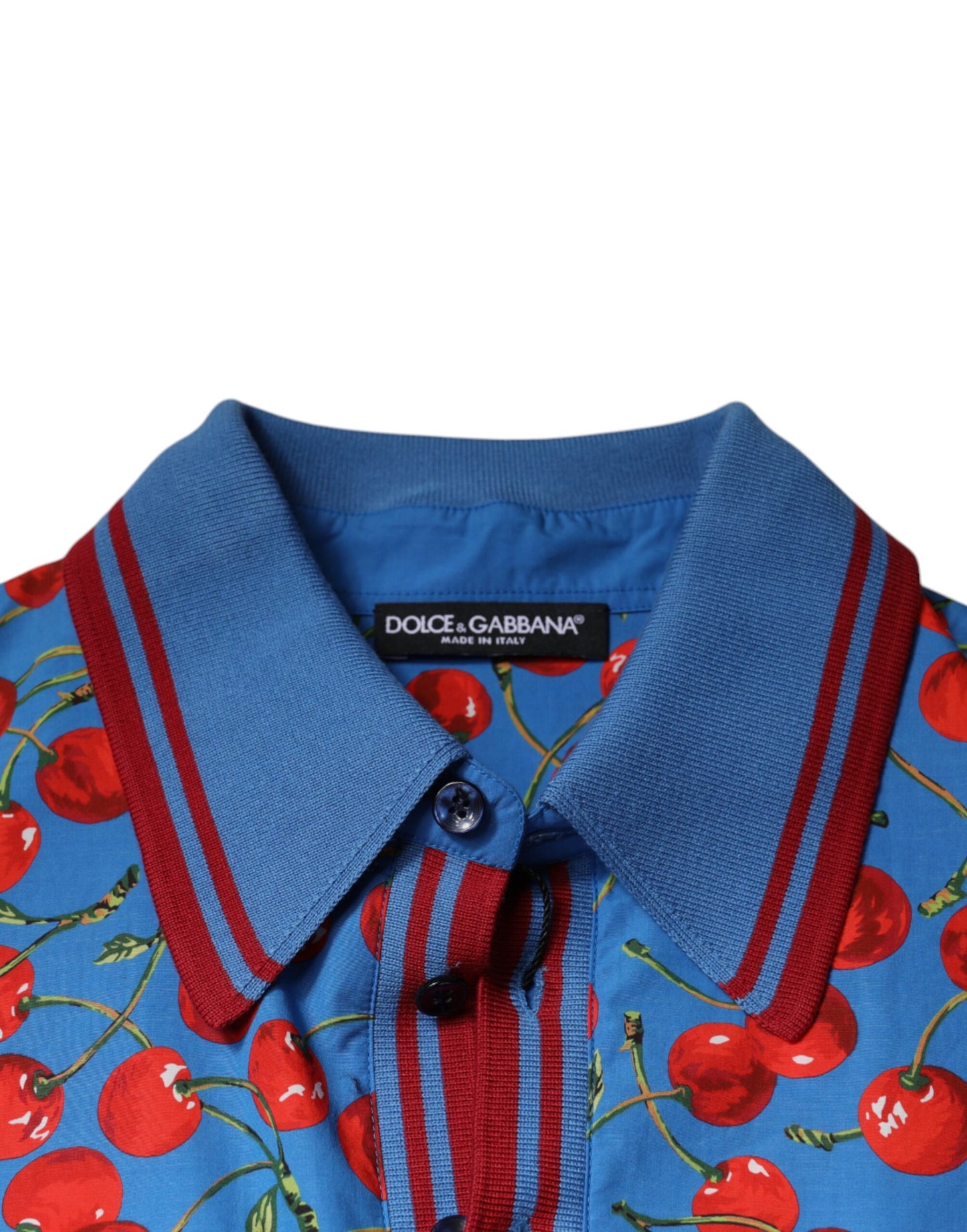 Dolce &amp; Gabbana Blå Körsbärsbomullskrage Herrpolo T-shirt