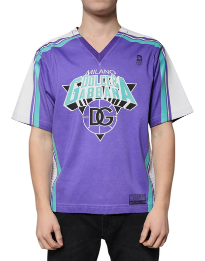 Dolce &amp; Gabbana Lilla Logo Jersey Bomull T-skjorte med V-hals
