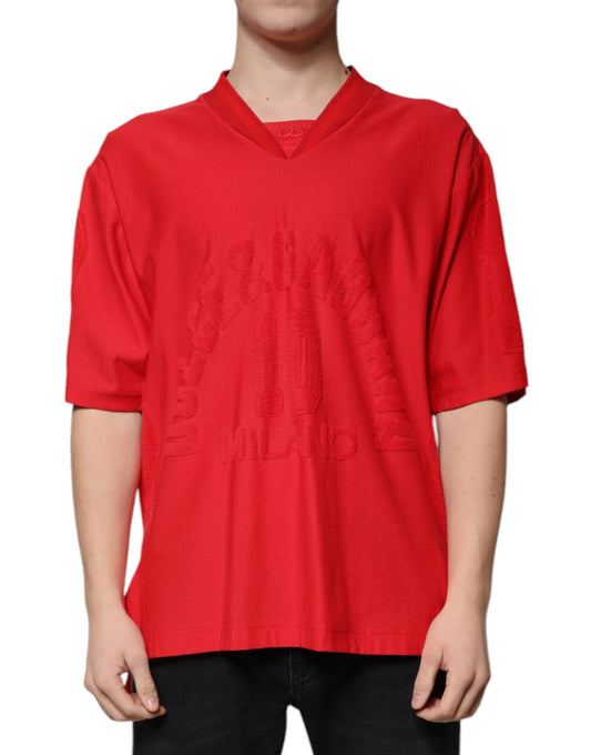 Dolce &amp; Gabbana Röd bomulls-T-shirt med V-ringning och korta ärmar