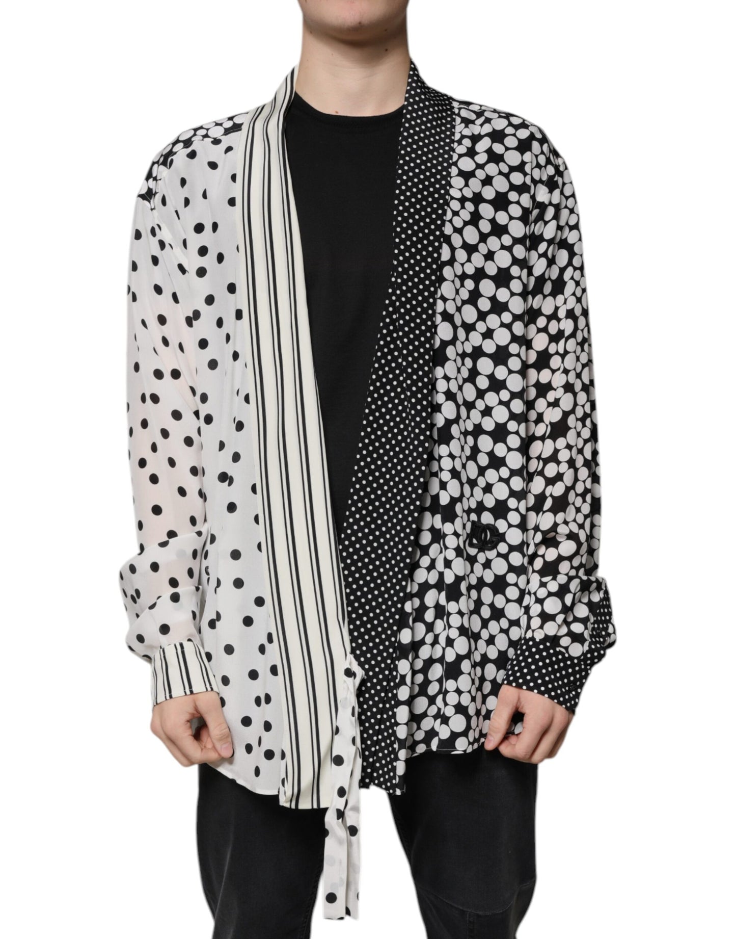 Dolce &amp; Gabbana Svart Vit Prickig Sidenskjorta Herr Casual