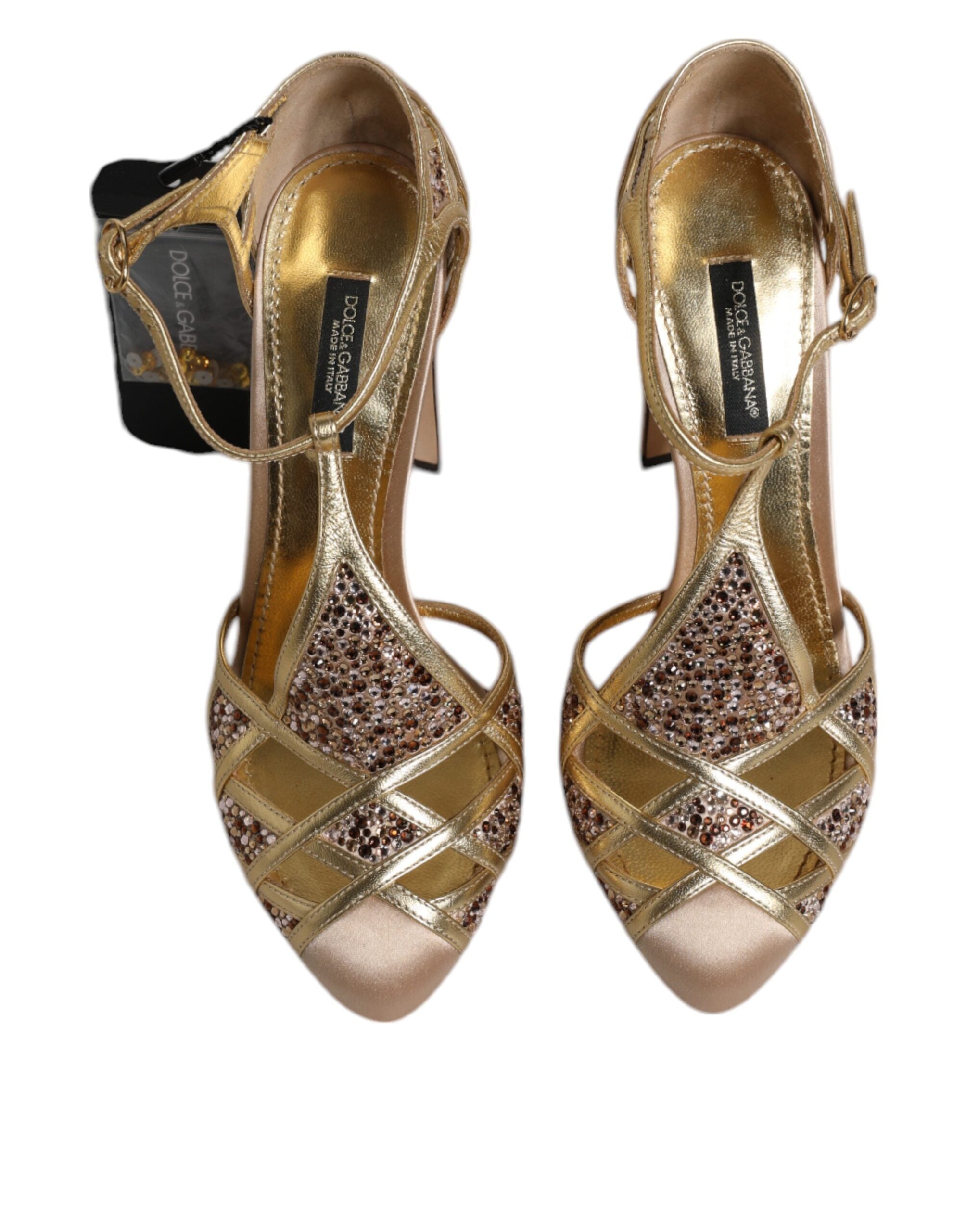 Beige krystallpyntede pumps i satengskinn
