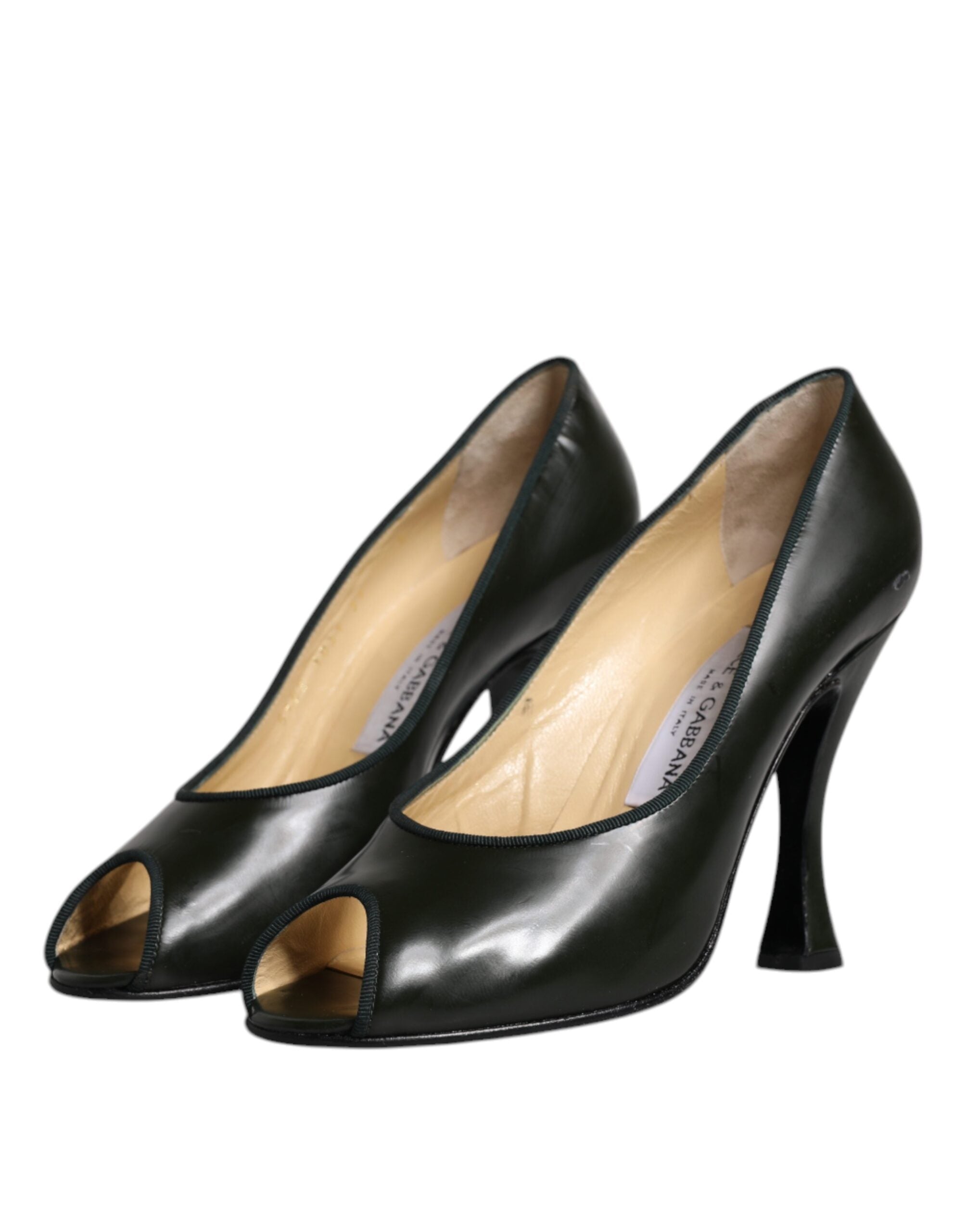 Gröna Läderklackade Pumps Skor Med Peep Toe