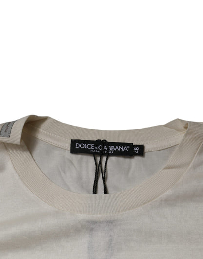 Dolce &amp; Gabbana Off White siden t-shirt med rund hals och kort ärm