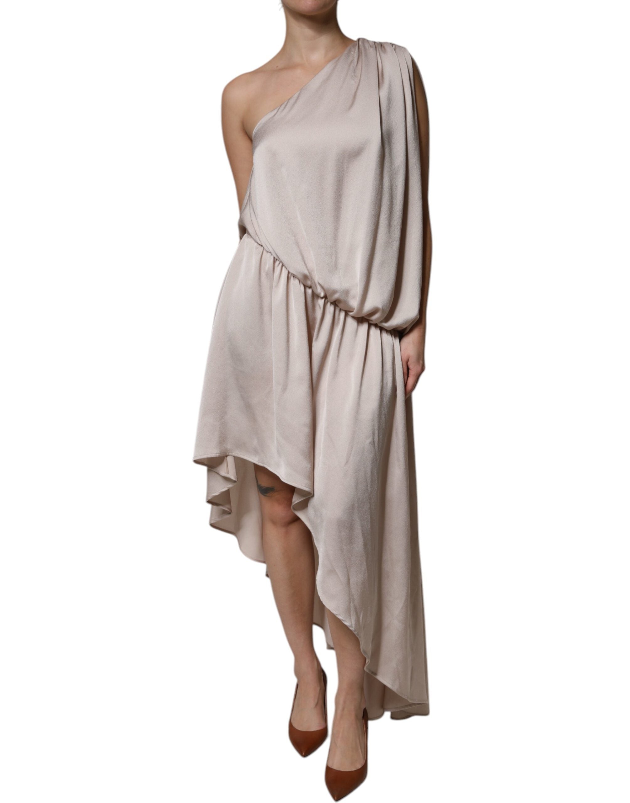 Beige Asymmetrisk Klänning med En Axel