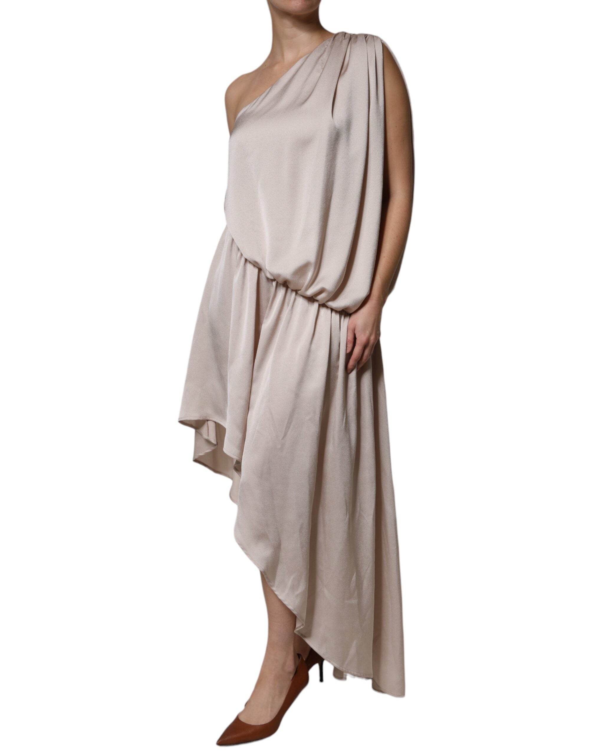 Beige Asymmetrisk Klänning med En Axel