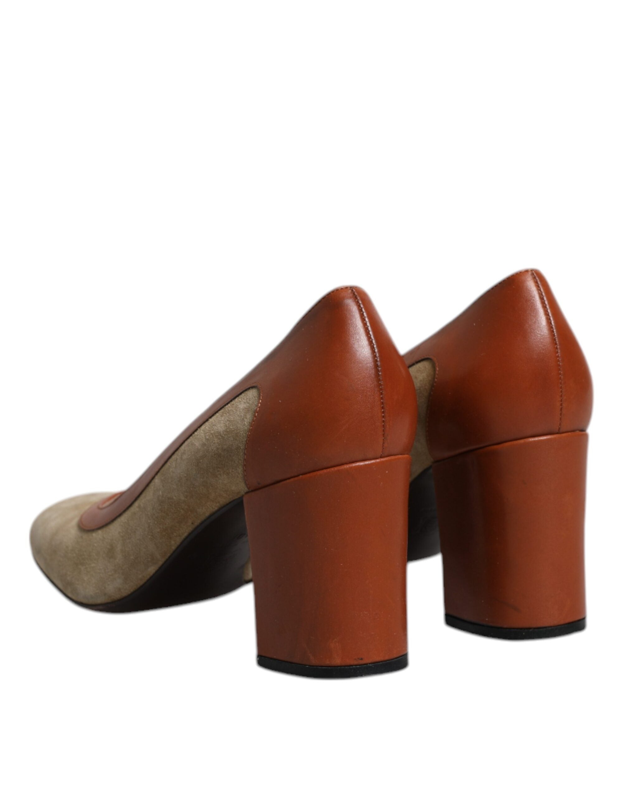 Beige Bruna Läder Blockklackade Pumps Skor