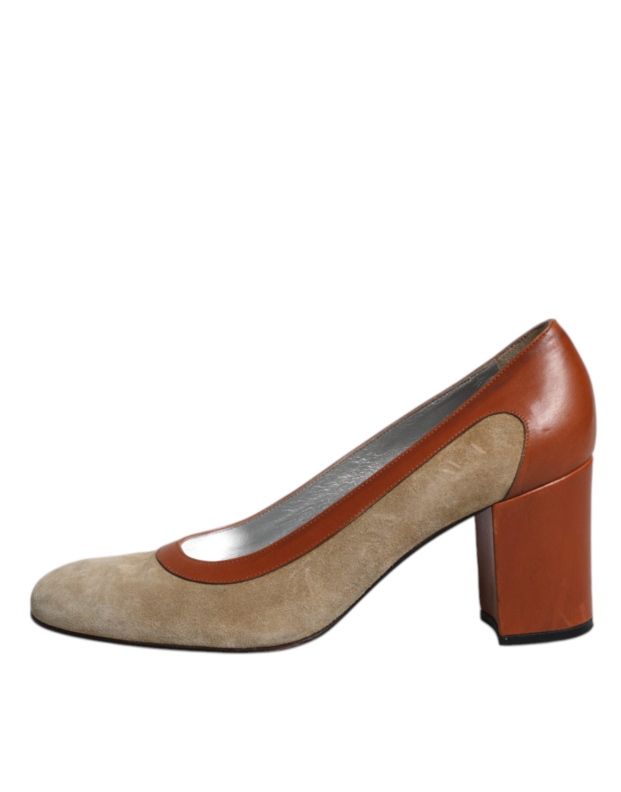 Beige Bruna Läder Blockklackade Pumps Skor