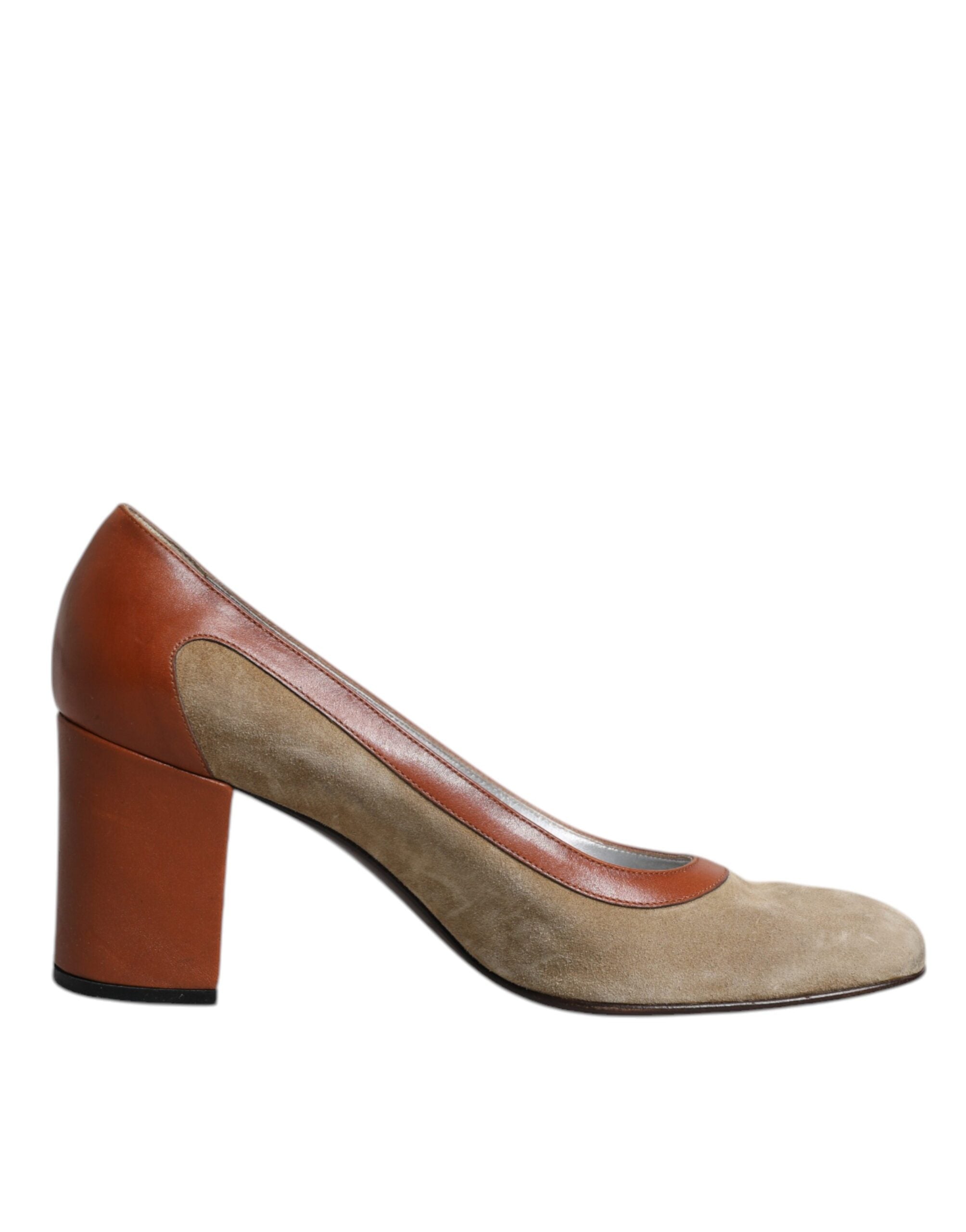 Beige Bruna Läder Blockklackade Pumps Skor
