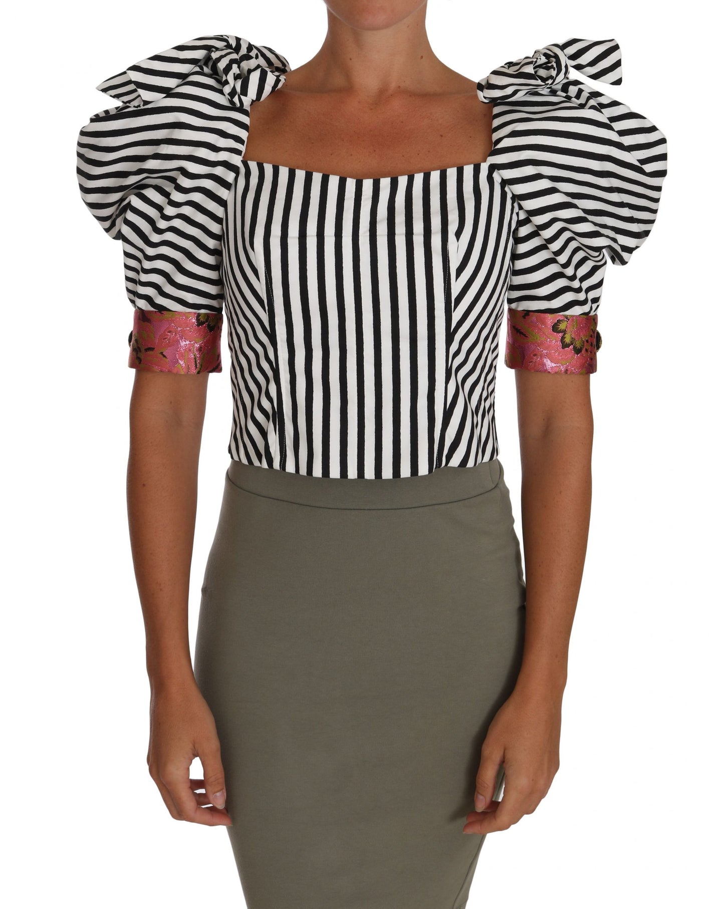Dolce &amp; Gabbana Hvite Svarte Stripete Topper med Puffermer