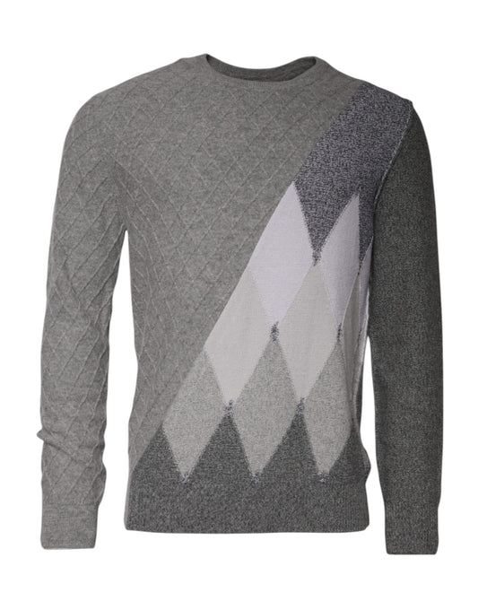 Ballantyne Grå Kashmir Argyle Intarsia Stickad Rund Halsad Tröja