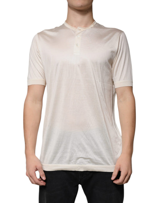 Dolce &amp; Gabbana Off White Silke Henley T-skjorte med rund hals