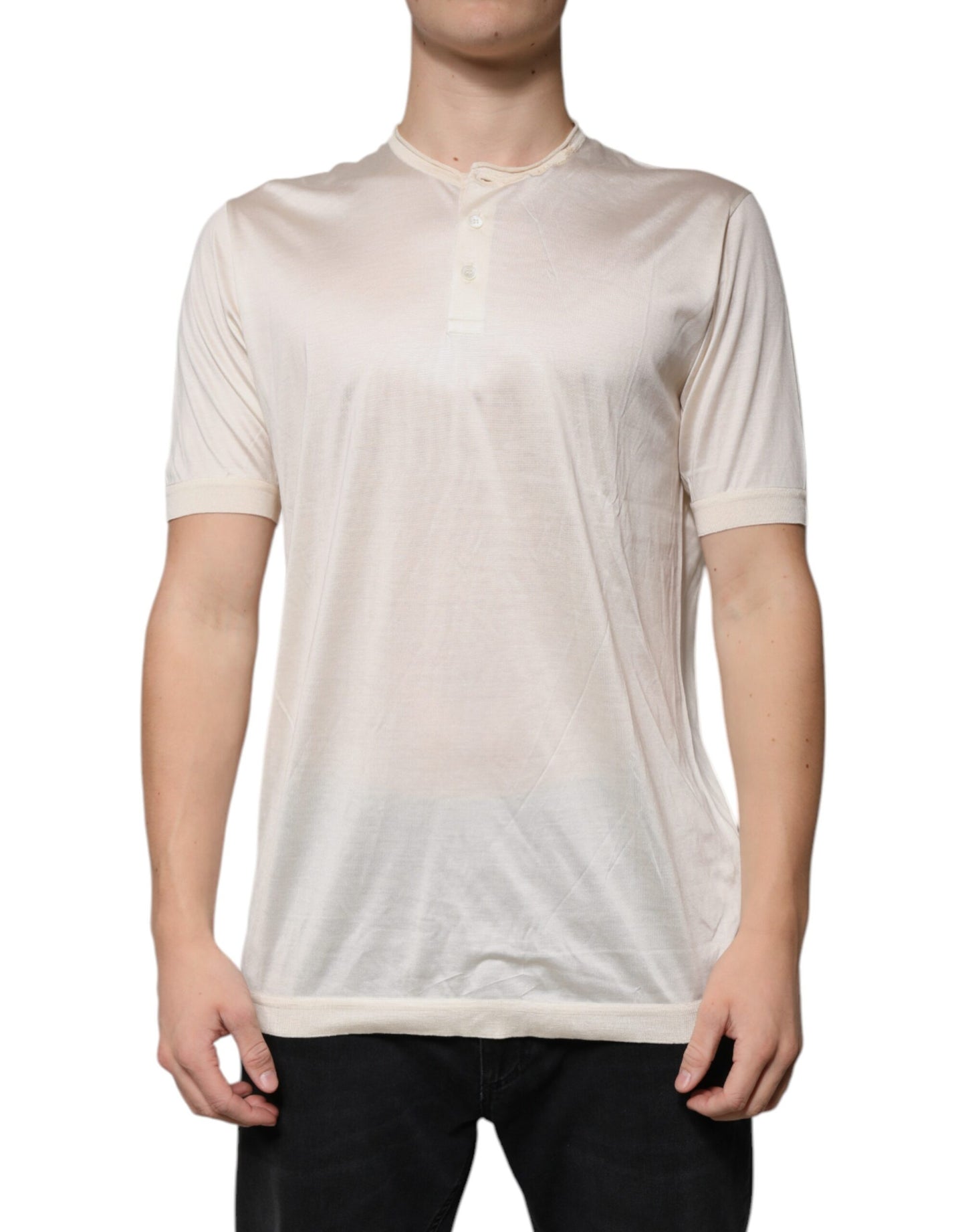 Dolce &amp; Gabbana Off White Silke Henley T-skjorte med rund hals