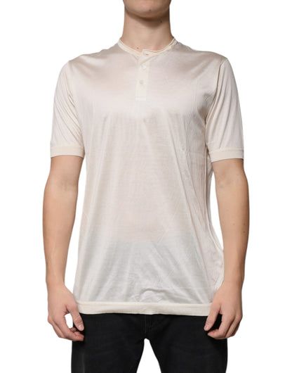 Dolce &amp; Gabbana Off White Silke Henley T-skjorte med rund hals