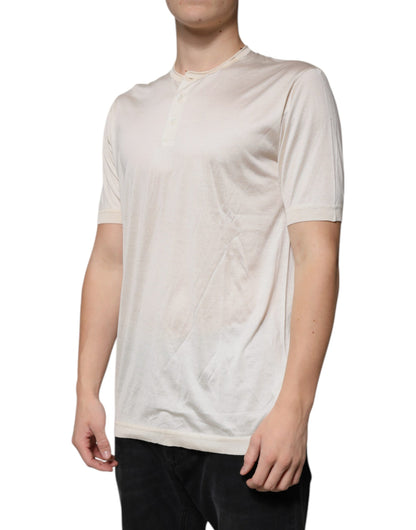 Dolce &amp; Gabbana Off White Silke Henley T-skjorte med rund hals