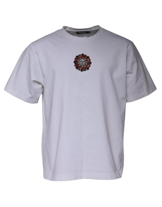 Dolce &amp; Gabbana Hvit Logo Utsmykket T-skjorte med Rund Hals