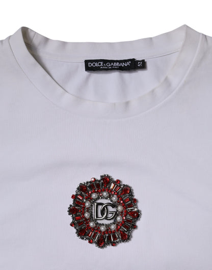 Dolce &amp; Gabbana Hvit Logo Utsmykket T-skjorte med Rund Hals