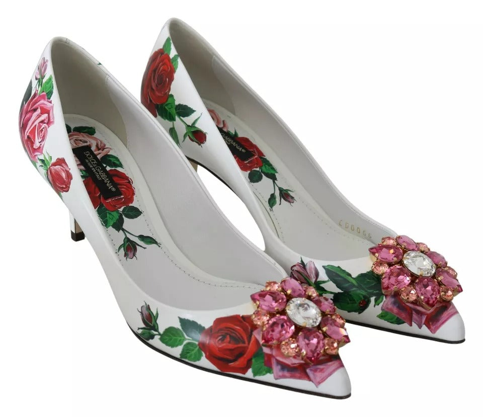 Hvite skinnrose krystall pumps sko