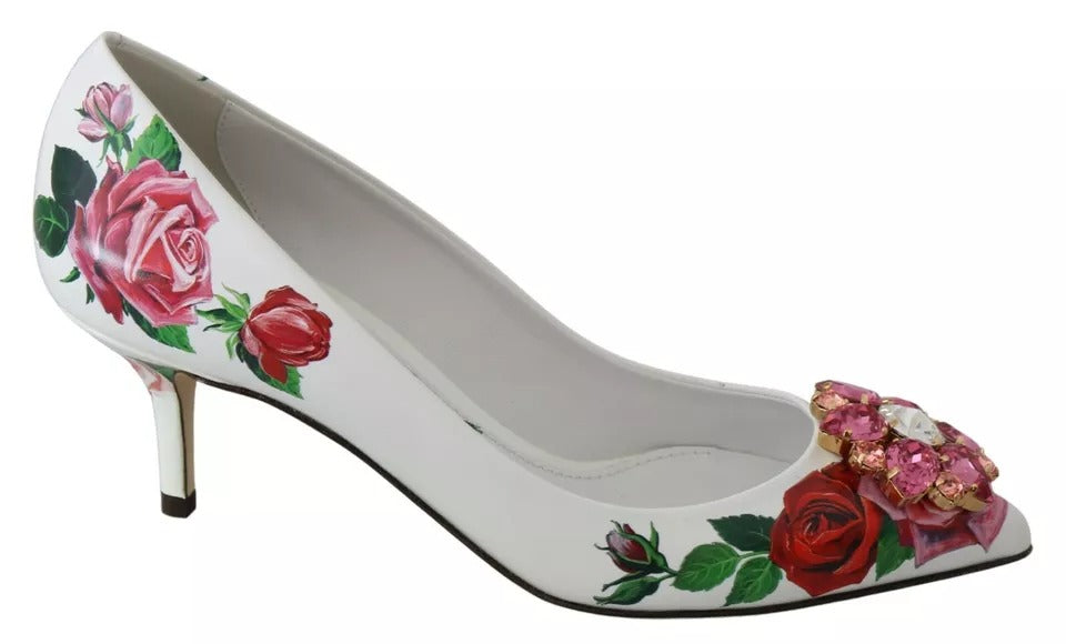 Hvite skinnrose krystall pumps sko