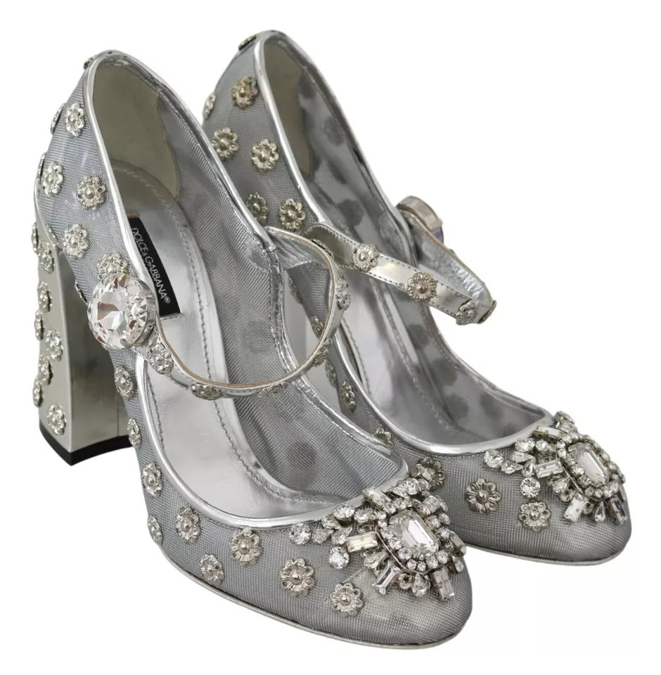 Silverfärgade kristallnitar med klackar Mary Janes och pumps