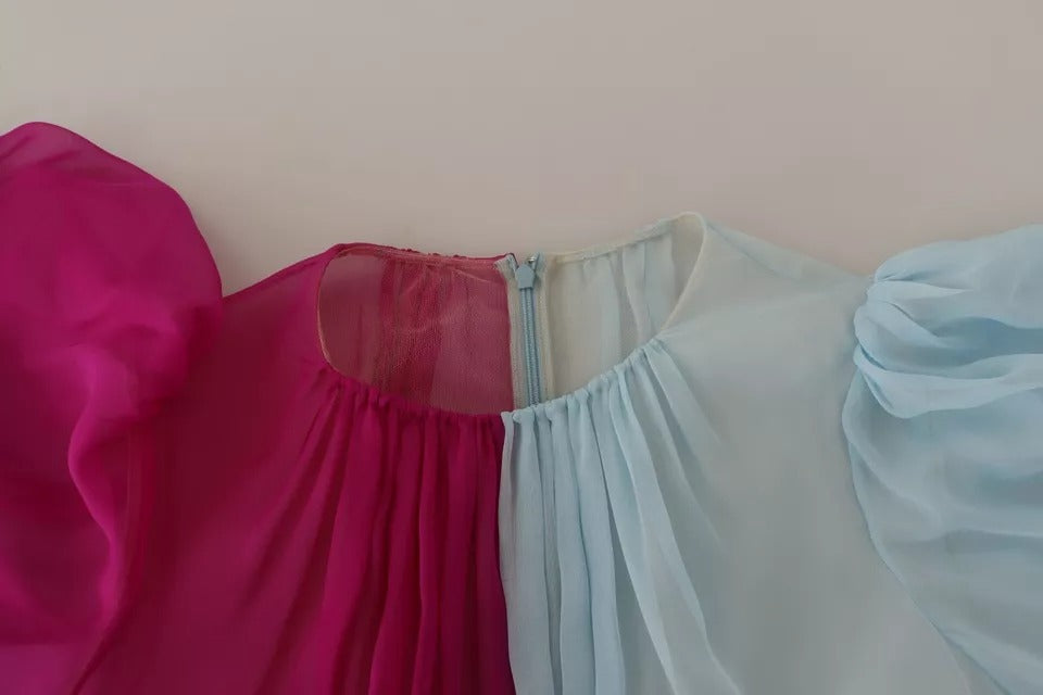 Fuchsia ljusblå sidenklänning i två färger
