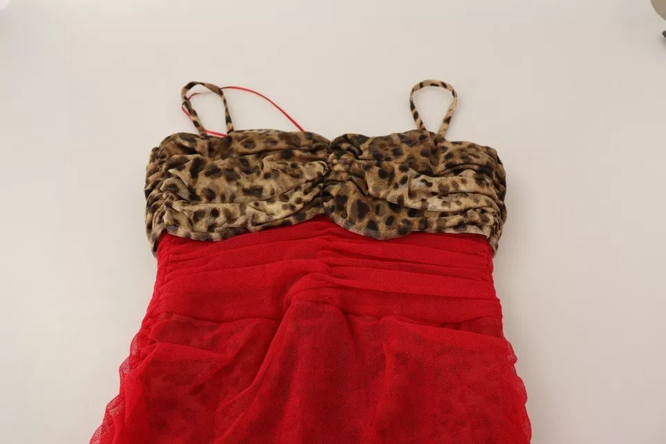 Brun Leopardröd Tyllklänning i Midimodell
