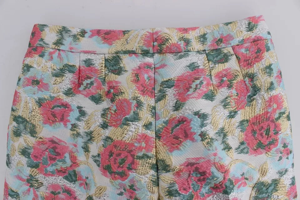 Vita Rosa Blommiga Brokadbyxor
