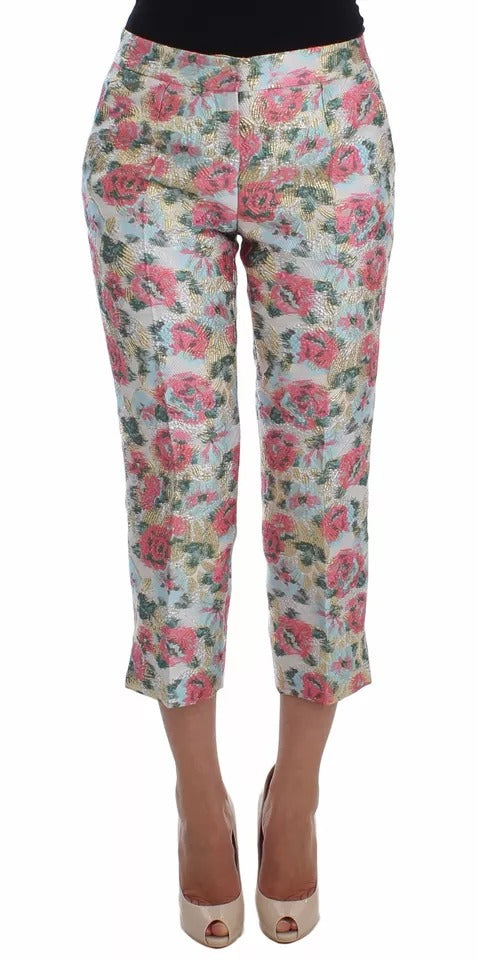 Vita Rosa Blommiga Brokadbyxor