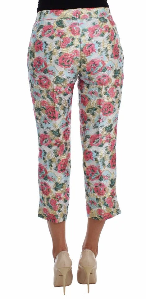 Vita Rosa Blommiga Brokadbyxor
