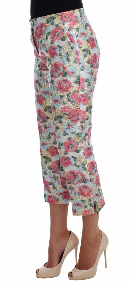 Vita Rosa Blommiga Brokadbyxor