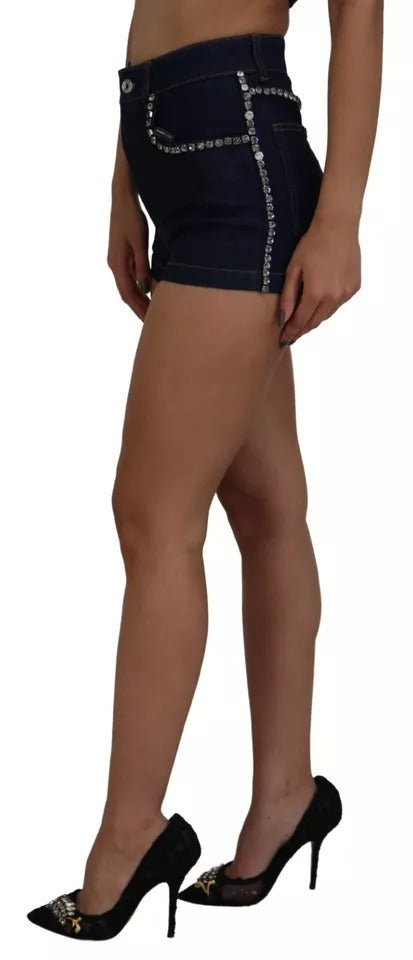 Blå denimshorts med stretch og krystaller