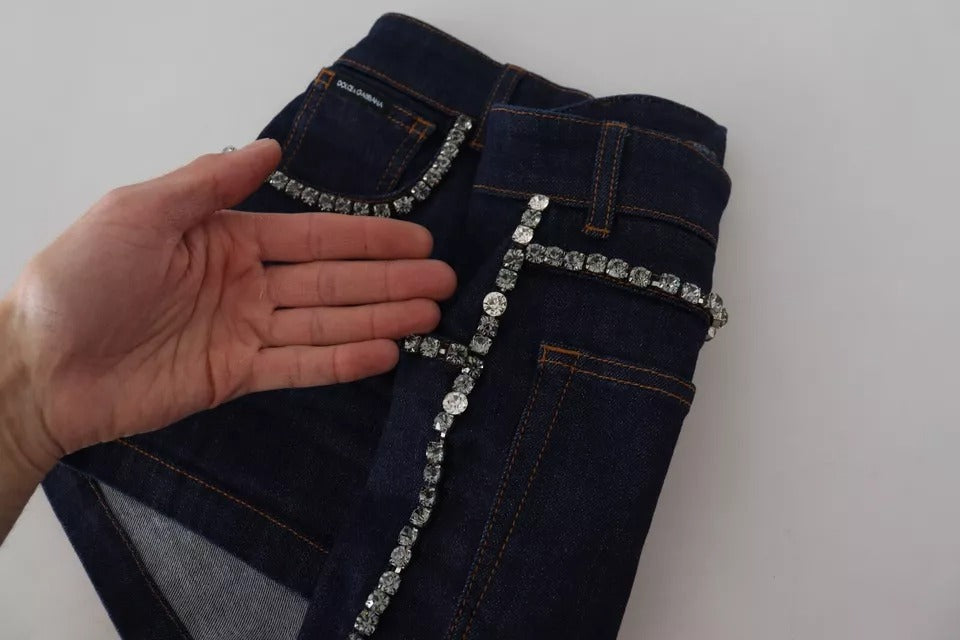 Blå denimshorts med stretch og krystaller