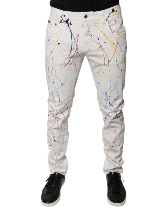 Dolce &amp; Gabbana Vita Färgstänk Mönstrade Skinny Jeans