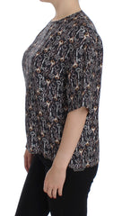 Dolce & Gabbana Gray Gold Key Print Silk Blouse T-shirt