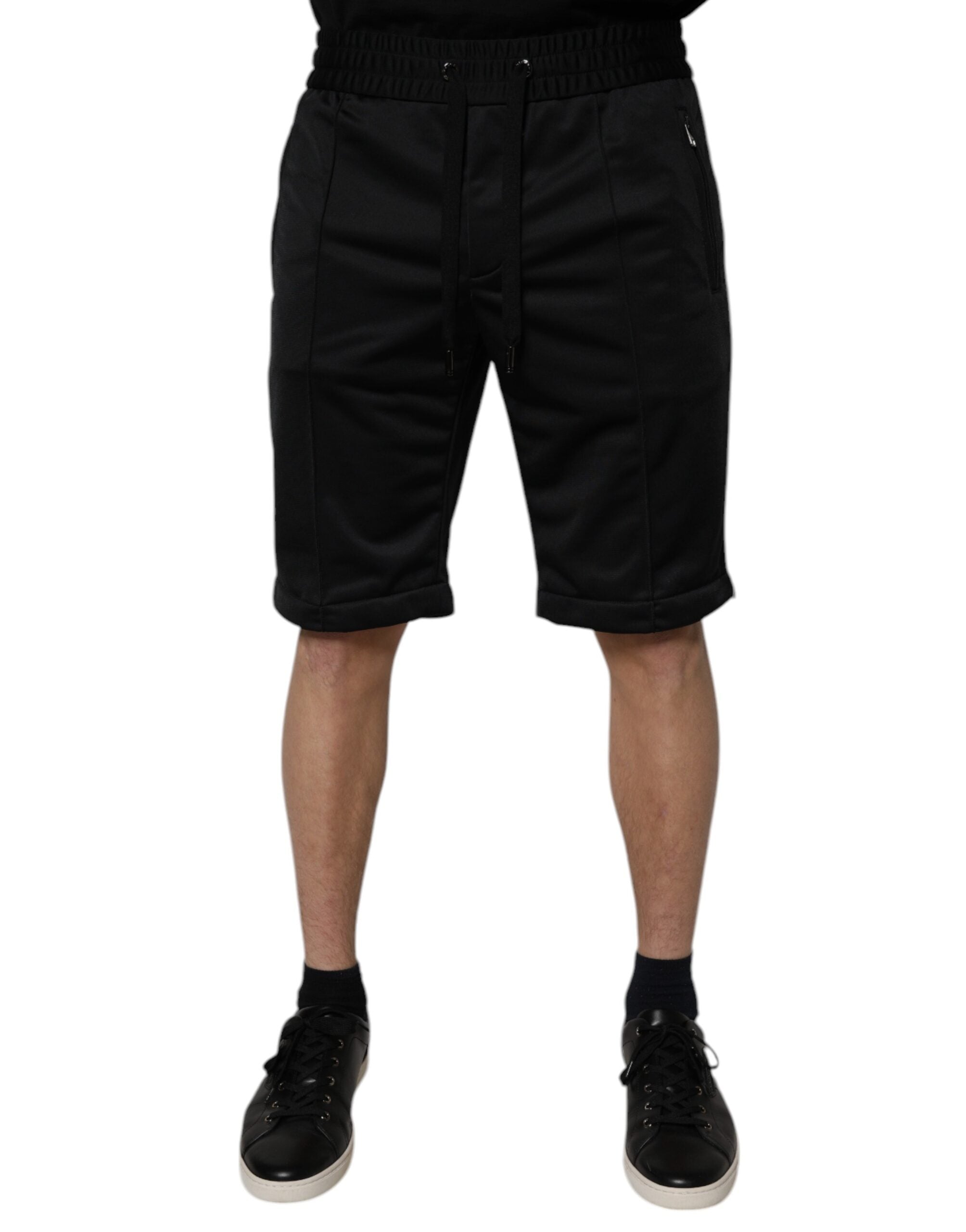 Svarta polyesterbermudashorts med medelhög midja för män