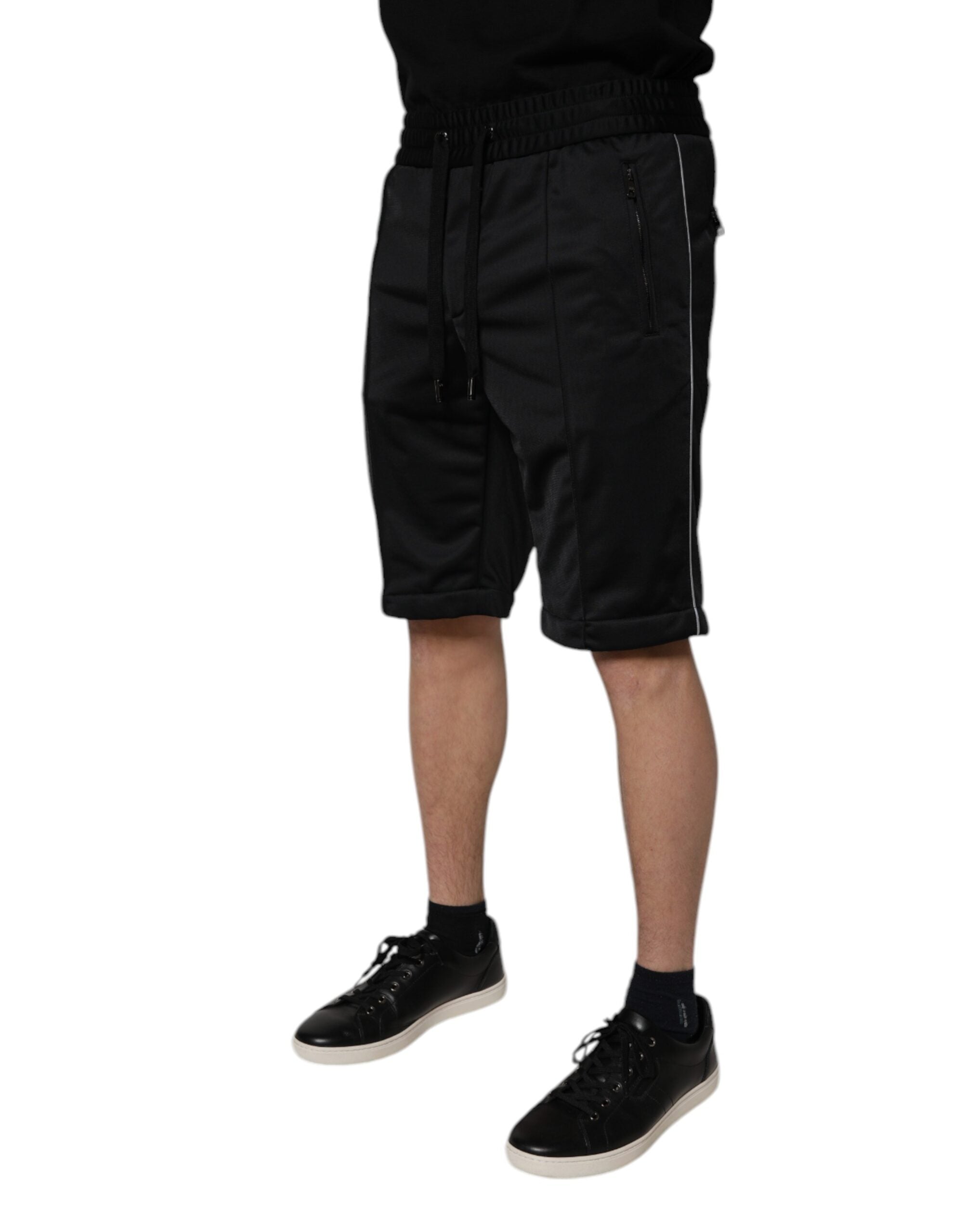 Svarta polyesterbermudashorts med medelhög midja för män
