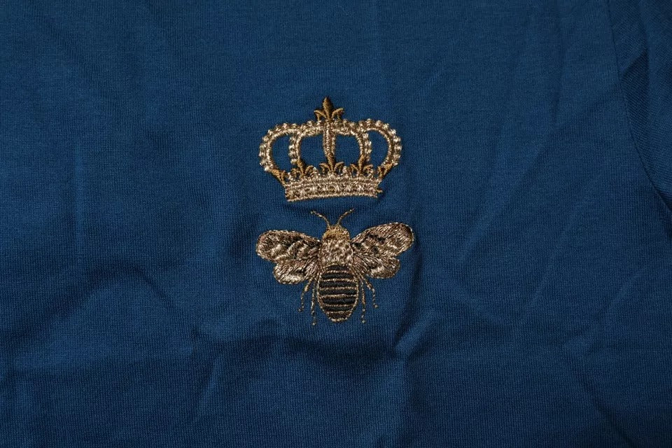 Dolce &amp; Gabbana Blå Crown Bee Bomull Herre T-skjorte med rund hals