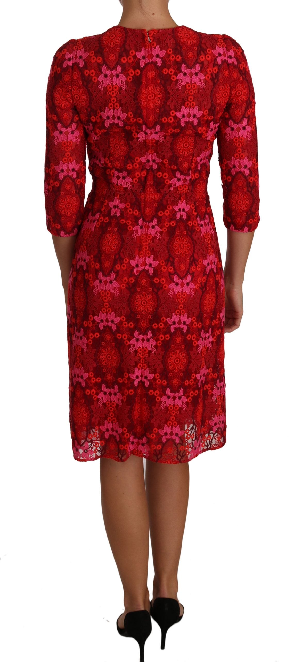 Dolce &amp; Gabbana Blommig Virkad Spets Röd Rosa Slidklänning