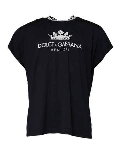 Dolce &amp; Gabbana Mørkeblå Logo Crown Bomulls-T-skjorte med rund hals