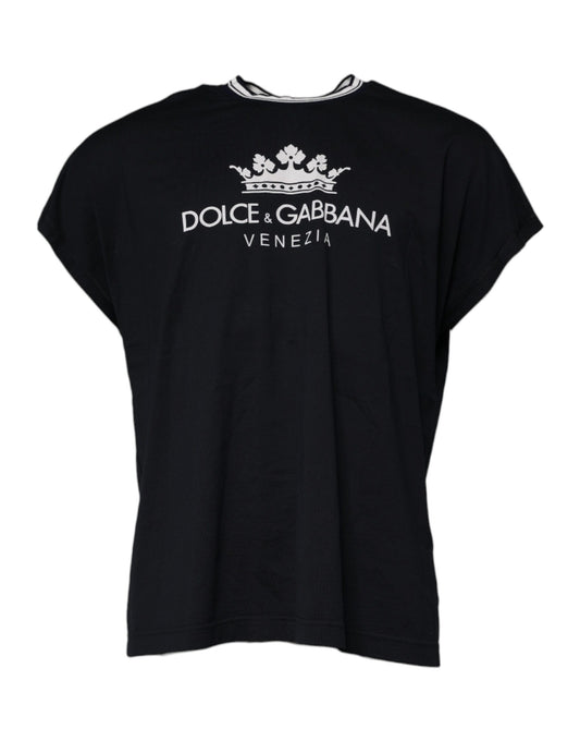Dolce &amp; Gabbana Mørkeblå Logo Crown Bomulls-T-skjorte med rund hals