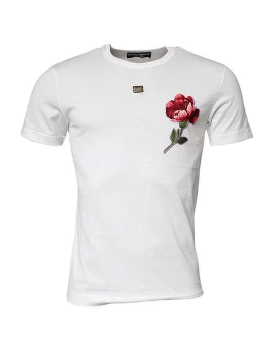 Dolce &amp; Gabbana Hvit Bomullslogo Blomster Rund Hals T-skjorte