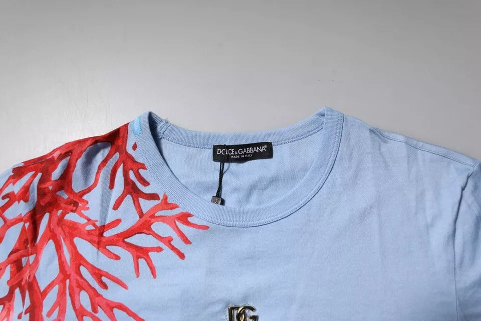 Dolce &amp; Gabbana Lyseblå Korall Bomull Herre T-skjorte med Rund Hals