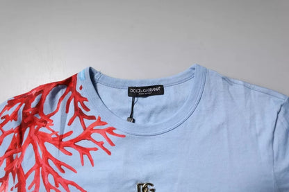 Dolce &amp; Gabbana Lyseblå Korall Bomull Herre T-skjorte med Rund Hals