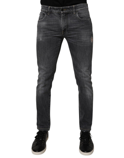 Dolce &amp; Gabbana Mörkgrå Tvättade Bomulls Skinny Herrjeans