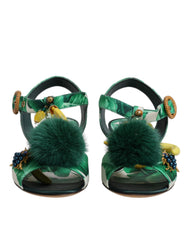 Dolce & Gabbana Green Crystal Fur Embellished Sandals Shoes