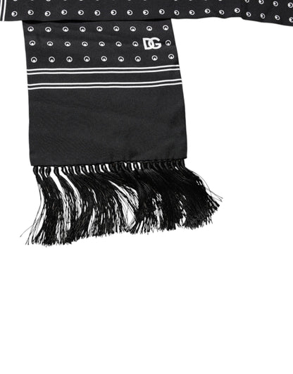 Dolce & Gabbana Black White Polka Dotted Silk Skinny Fringes Scarf