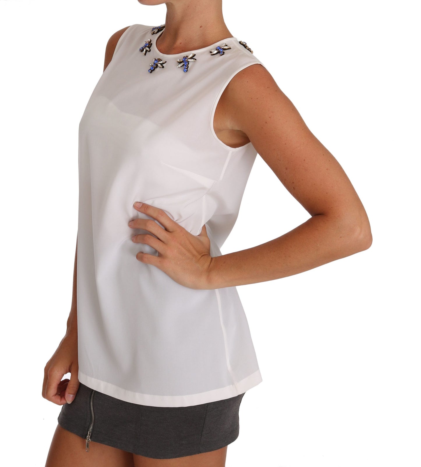 Dolce &amp; Gabbana Hvit Silke Krystallpyntet Fly T-skjorte