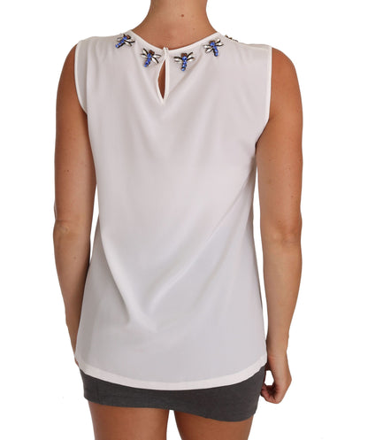 Dolce &amp; Gabbana Hvit Silke Krystallpyntet Fly T-skjorte