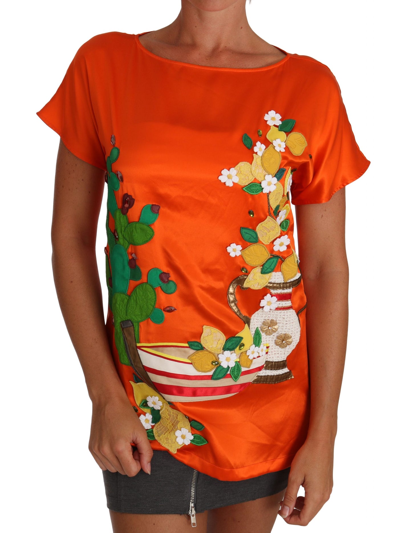Dolce &amp; Gabbana Silke Oransje Sitron Krystall T-skjorte Topp
