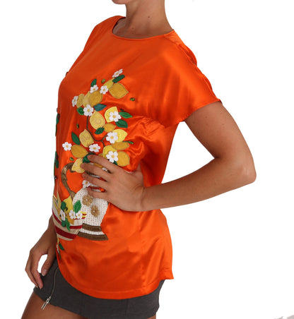 Dolce &amp; Gabbana Silke Oransje Sitron Krystall T-skjorte Topp